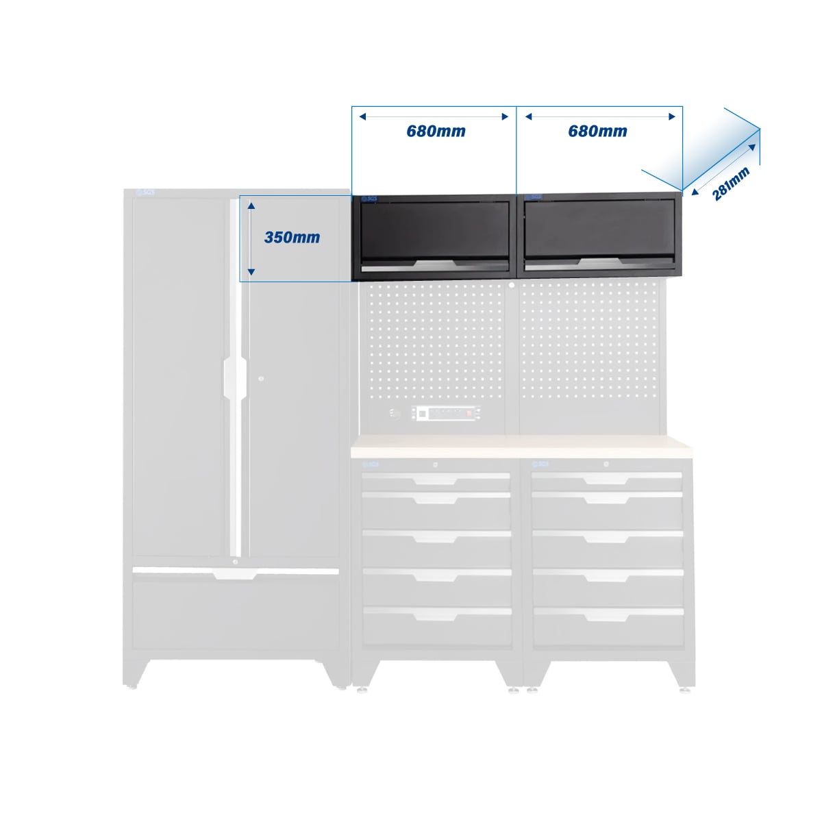 SGS 7pc Modular Garage Storage | 10 Drawers | Plywood Worktop | 2x Upper Cabinets | Tall Double Cabinet with Drawer | Pegboard with Power Strip